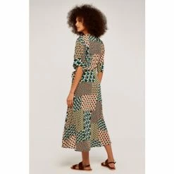 Alternative view of Apricot Brown & Green Geometric Patchwork Cocoon V Neck Dress