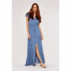 Apricot Blue Textured Dot Button Maxi Dress