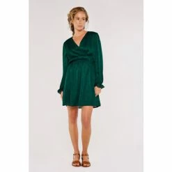 Apricot Emerald Green Floral Jacquard Satin Wrap Dress