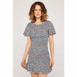Apricot Blue Shirred Print Skirt Ruffled Hem Dress