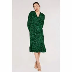 Apricot Black & Green Silhouette Leaf Frill Long Sleeve Midi Dress