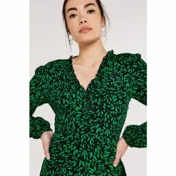 Apricot Black & Green Silhouette Leaf Frill Long Sleeve Midi Dress -Apricot Shop unnamed file 736