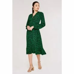 Apricot Black & Green Silhouette Leaf Frill Long Sleeve Midi Dress -Apricot Shop unnamed file 737
