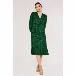 Apricot Black & Green Silhouette Leaf Frill Long Sleeve Midi Dress -Apricot Shop unnamed file 738