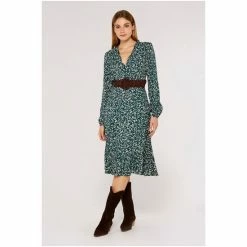 Apricot Black & Green Silhouette Leaf Frill Long Sleeve Midi Dress -Apricot Shop unnamed file 739
