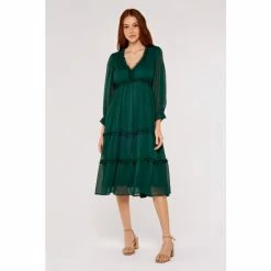 Apricot Green Crinkle Ruffle Midi Dress