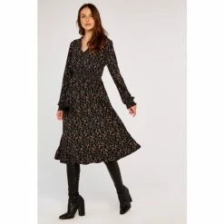 Apricot Black Multi Floral Boho Frill Midi Dress