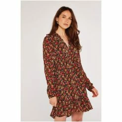 Apricot Orange Folk Ditsy Print V Neck Ruffle Dress -Apricot Shop unnamed file 770