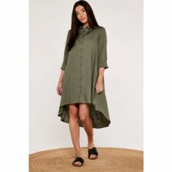 Apricot Green Easy High Low Linen Shirt Dress