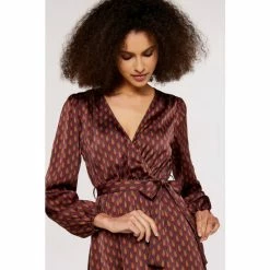 Apricot Burgundy Red Teardrop Print Long Sleeved Wrap Midi Dress -Apricot Shop unnamed file 783