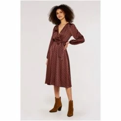 Apricot Burgundy Red Teardrop Print Long Sleeved Wrap Midi Dress -Apricot Shop unnamed file 785