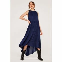 Apricot Navy Blue High Ruffle Neck Midi Dress