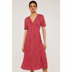 Apricot Red Daisy Dot Wrap Dress