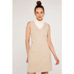 Apricot Yellow Houndstooth Pinafore Dress