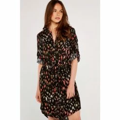 Apricot Black Brushstroke Drawstring Dress