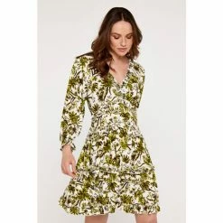 Apricot White Palm Print Ruffle Dress