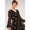 Apricot Black Botanical Long Sleeves Wrap Dress