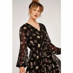 Apricot Black Botanical Long Sleeves Wrap Dress