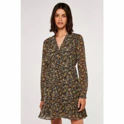 Apricot Green Folk Ditsy Print V-Neck Ruffle Dress