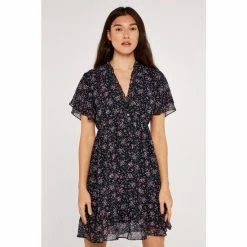 Apricot Blue Ditsy Angel Sleeve Ruffle Dress