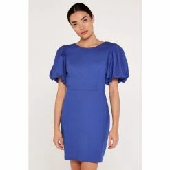 Apricot Blue Puff Sleeve Bow Back Dress