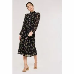 Apricot Black Botanical Smock Waist Midi Dress
