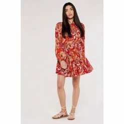 Apricot Pink/Red Swirl Puff Sleeve Flute Dress