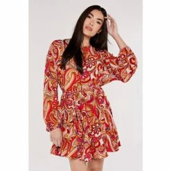 Apricot Pink/Red Swirl Puff Sleeve Flute Dress -Apricot Shop unnamed file 943