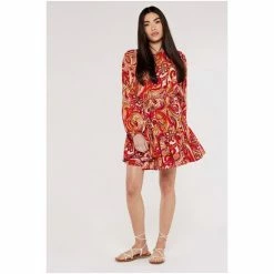 Apricot Pink/Red Swirl Puff Sleeve Flute Dress -Apricot Shop unnamed file 945