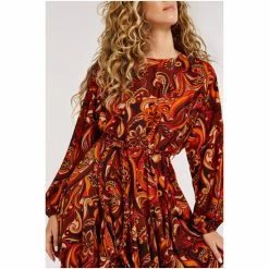 Apricot Pink/Red Swirl Puff Sleeve Flute Dress -Apricot Shop unnamed file 946