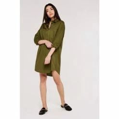 Apricot Khaki Green Poplin Oversized Shirt Dress