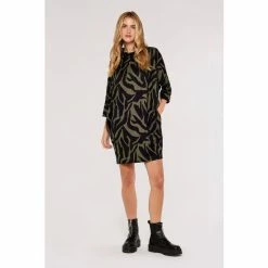 Apricot Khaki Green & Black Zebra High Neck Cocoon Dress
