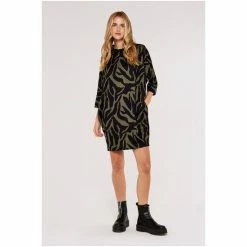Apricot Khaki Green & Black Zebra High Neck Cocoon Dress -Apricot Shop unnamed file 962