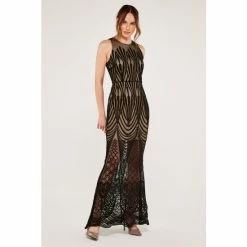 Apricot Black Art Deco Embroidered Maxi Dress